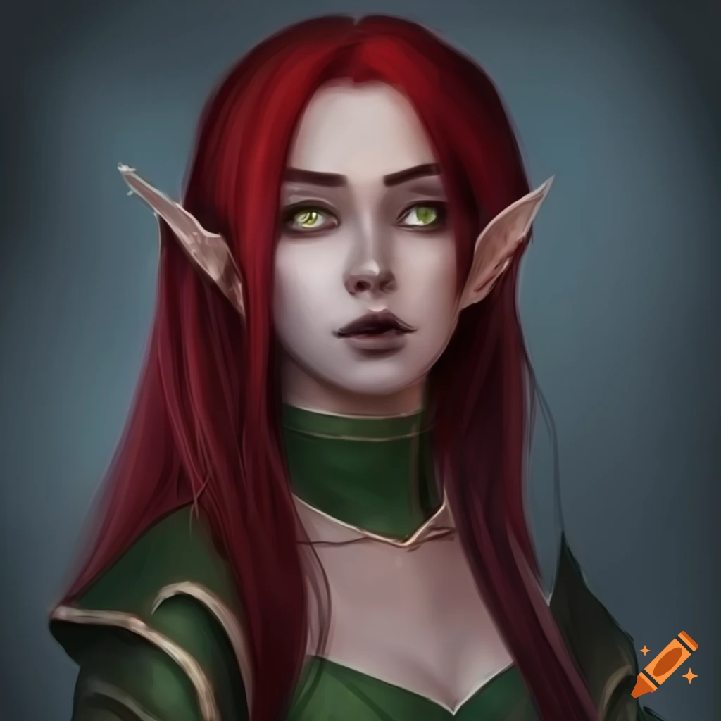 An elven girl with tanned skin, red to black ombré hair and amber eyes on  Craiyon