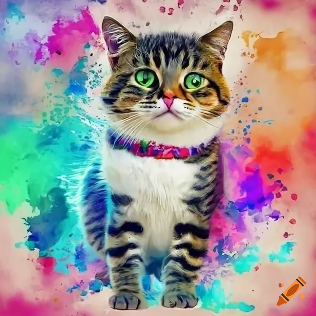 A playful cat surrounded by vibrant watercolor splashes