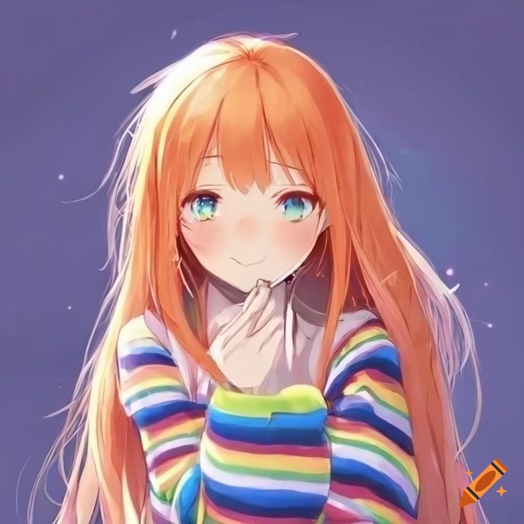 anime girl with long fluffy orange hair, stars in her hair, white skin, green eyes, and wearing a rainbow striped sweater