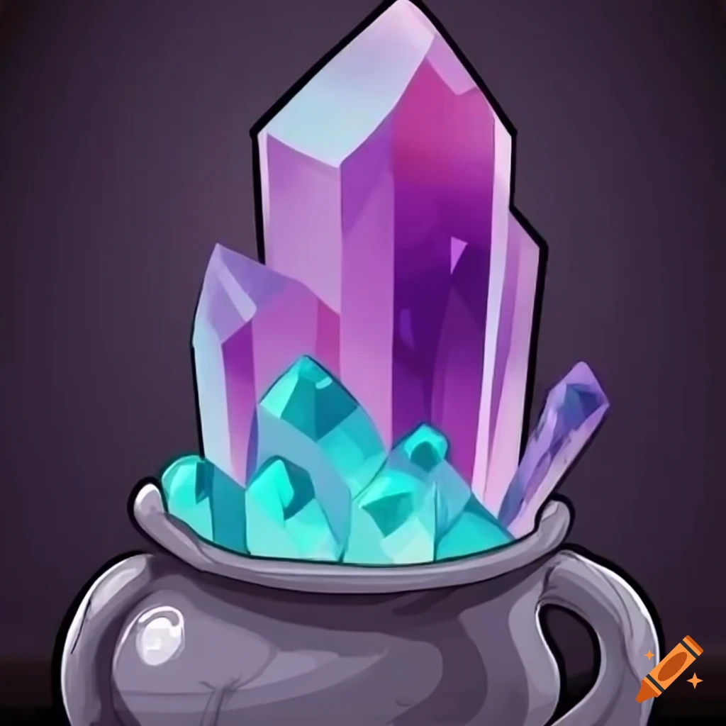 Cartoon crystals, potions and cauldron