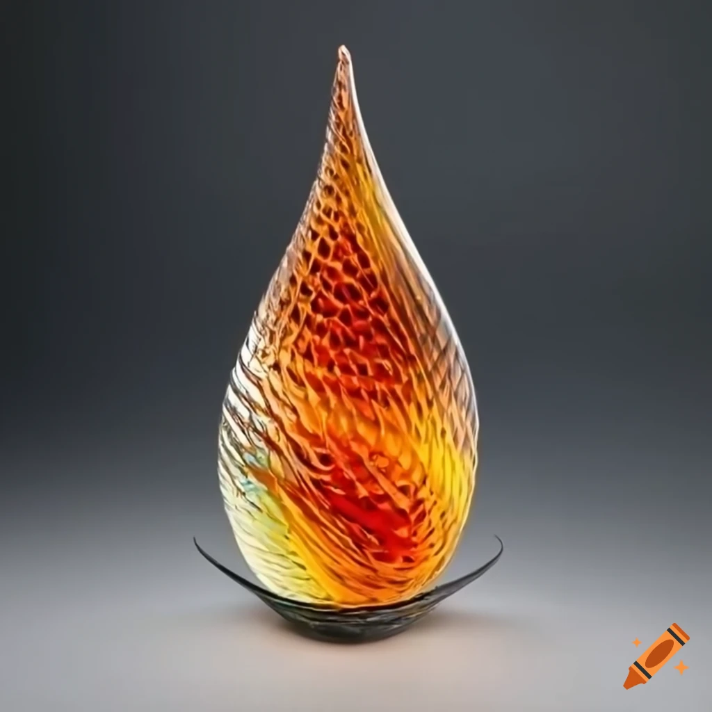 Abstract interlacing sunrise and sunset colored pine cone shaped drop  inspired glass sculpture on Craiyon