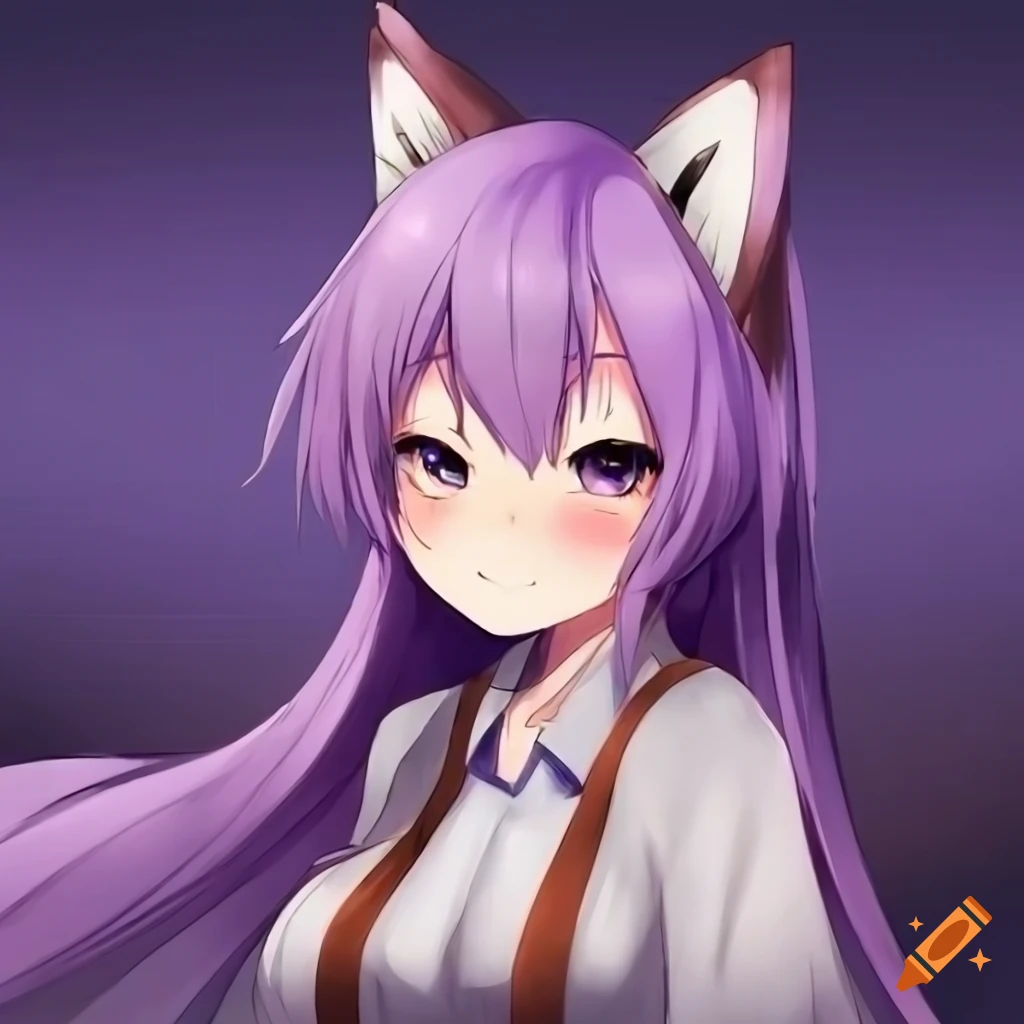 Anime girl with long purple hair and fox ears smiling on Craiyon