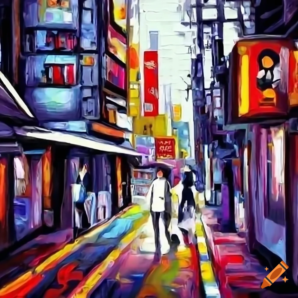 Street scene in tokyo, japan, ink and water painting in the style of takashi  murakami