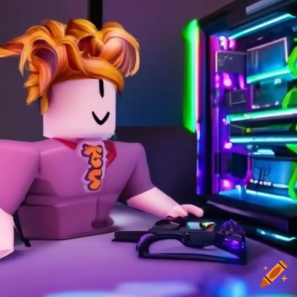 A roblox bacon hair playing on a gaming pc