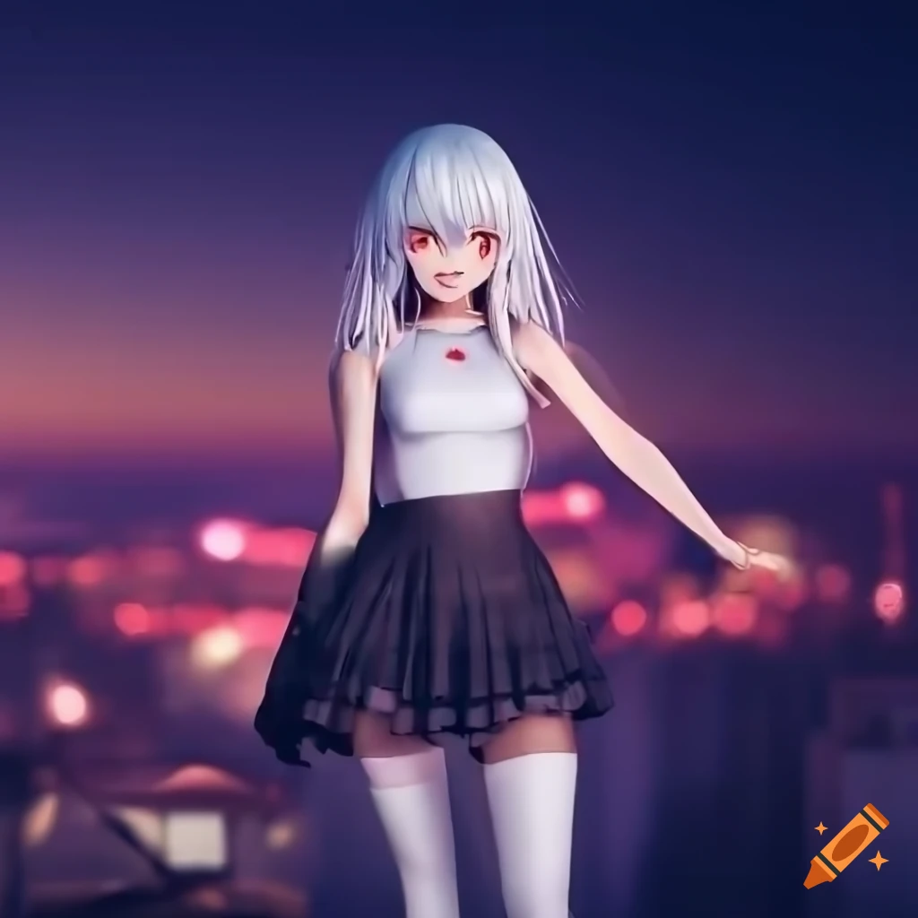 Anime girl 8k octane rendering looking at the camera, smile, having perfect  curves, body, red-ish eyes, long white hair, full hd, having a skirt with  stockings, have a cute pose, she is