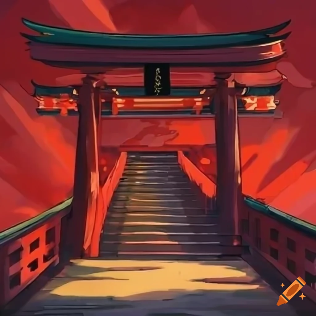 Japanese shrine, shinto shrine, torin gate, anime, wallpaper, red walls,  slopped roof, shrine on Craiyon
