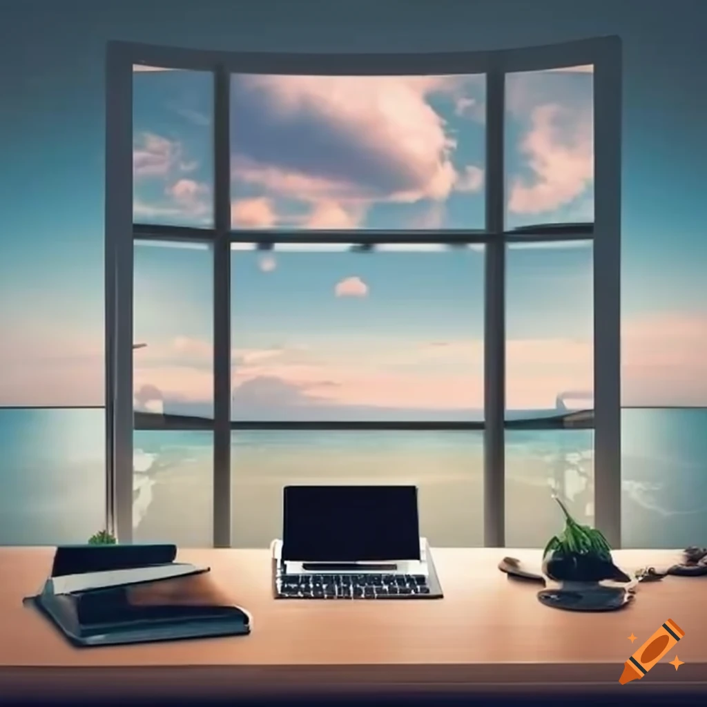 Working desk in front of big window with ocean view on Craiyon