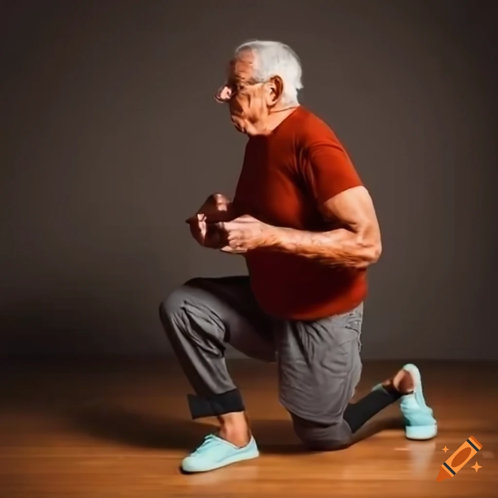 Senior citizen doing squat exercise at home on Craiyon