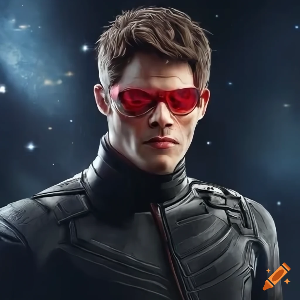 Up close head and torso, marvel's avengers, james marsden as cyclops, red  visor, black leather jacket, warrior pose, outer space backdrop, digital  painting, high quality, 4k definition, amazingly accurate, awesome and cool