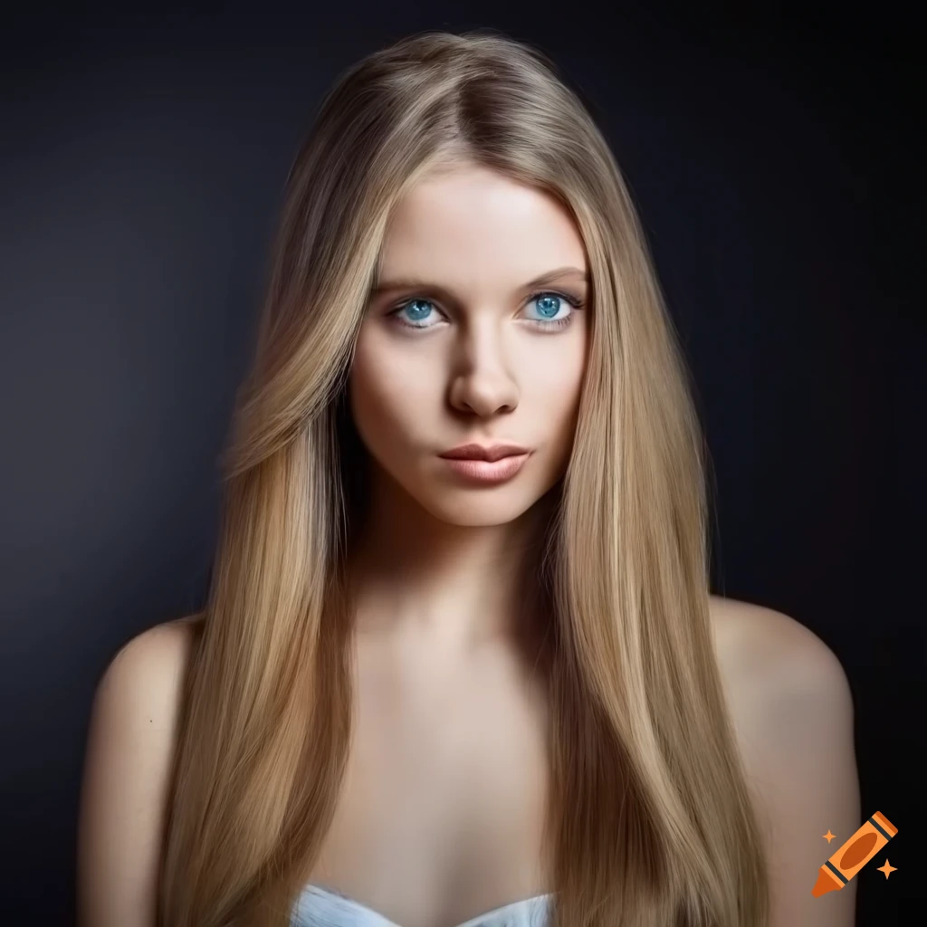 Tall beautiful woman with vibrant blue eyes, long brown hair with blonde  highlights standing in black background on Craiyon