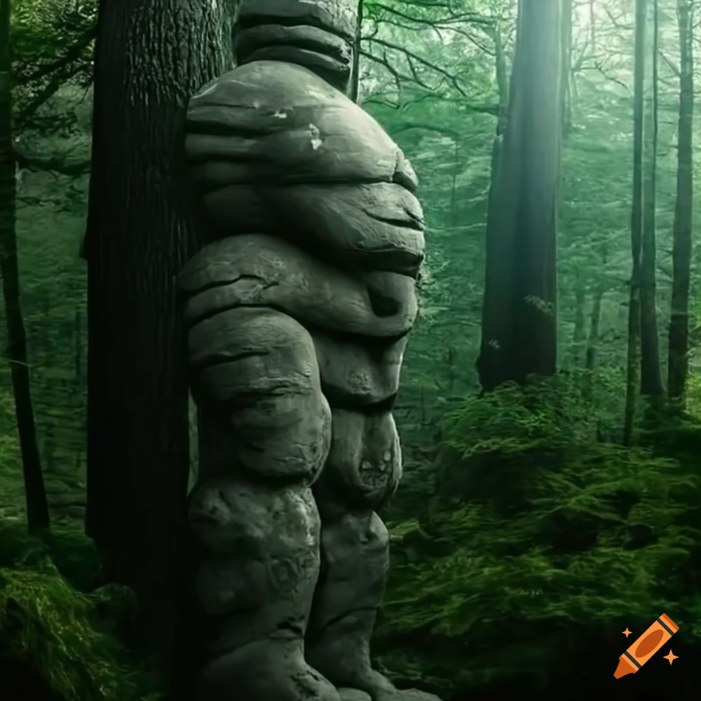 Giant rock statue in a forest; full body an armor on Craiyon