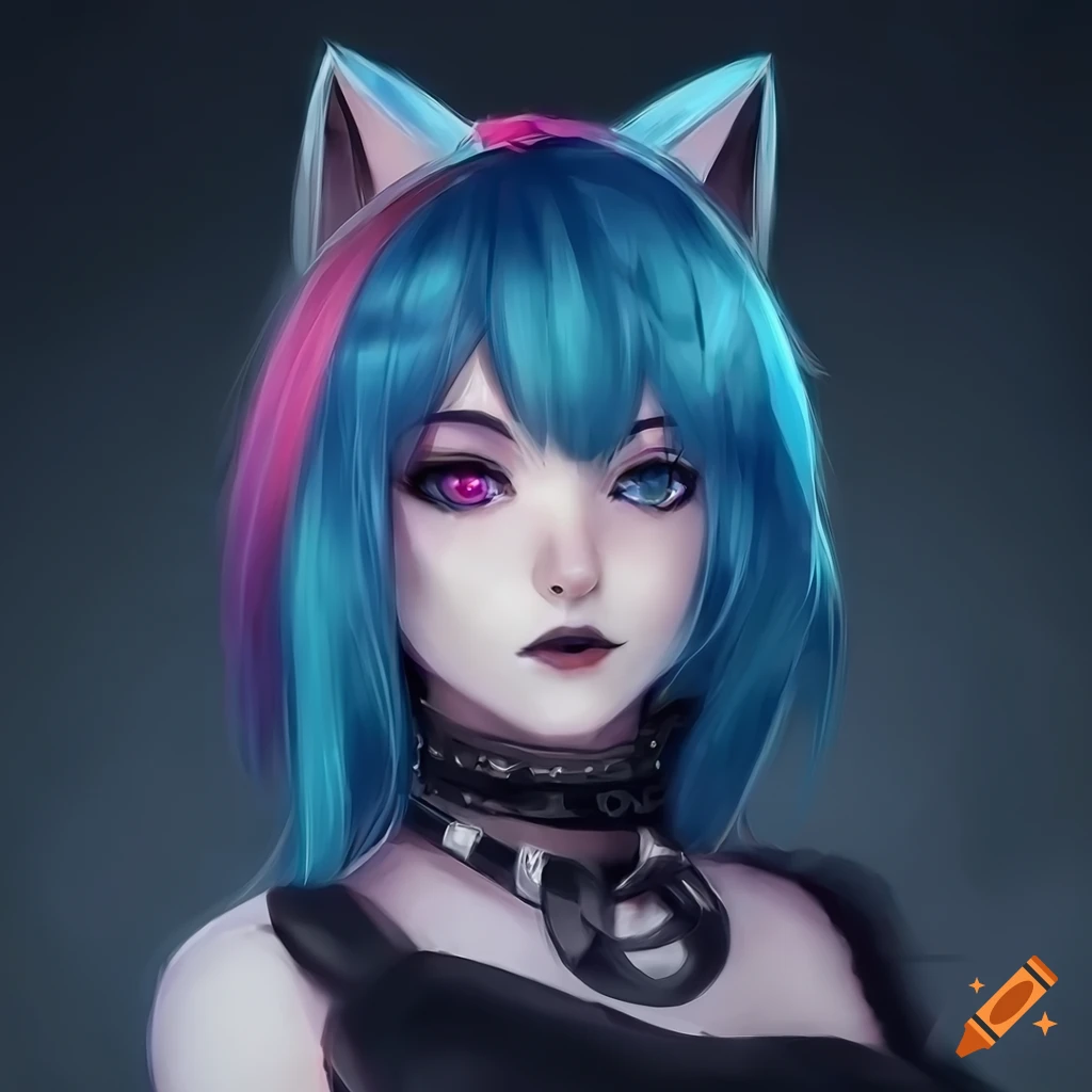 Portrait of mid body of cuttest gothic cat furry girl with blue and ...