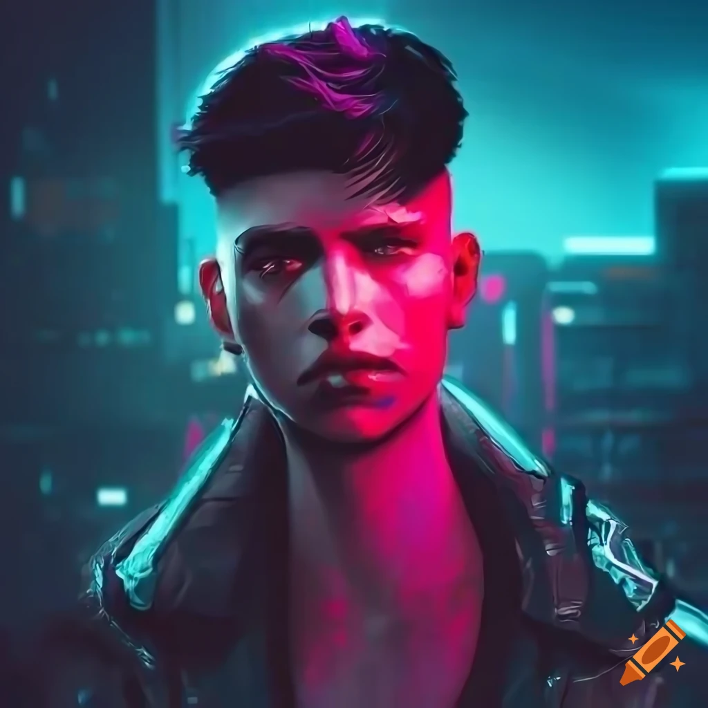 Cyberpunk man with short neat hair, in flashy streetwear outfit ...