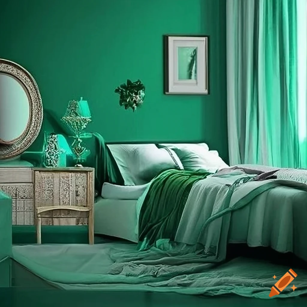The emerald green bedroom exudes a sense of tranquility and elegance. The walls are adorned in a soothing shade of green, creating a serene ambiance, while soft natural light streams in through sheer curtains, casting a gentle glow. In the center of the room, a crib stands with a sleeping baby peacefully nestled under a cozy black and white striped blanket, creating a charming contrast against the vibrant green backdrop
