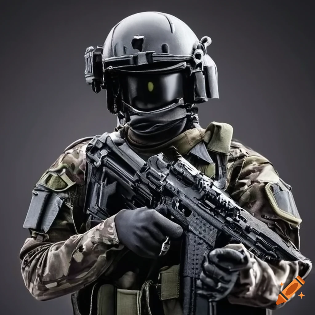 A tactical black special forces uniform with helmet and flag patch