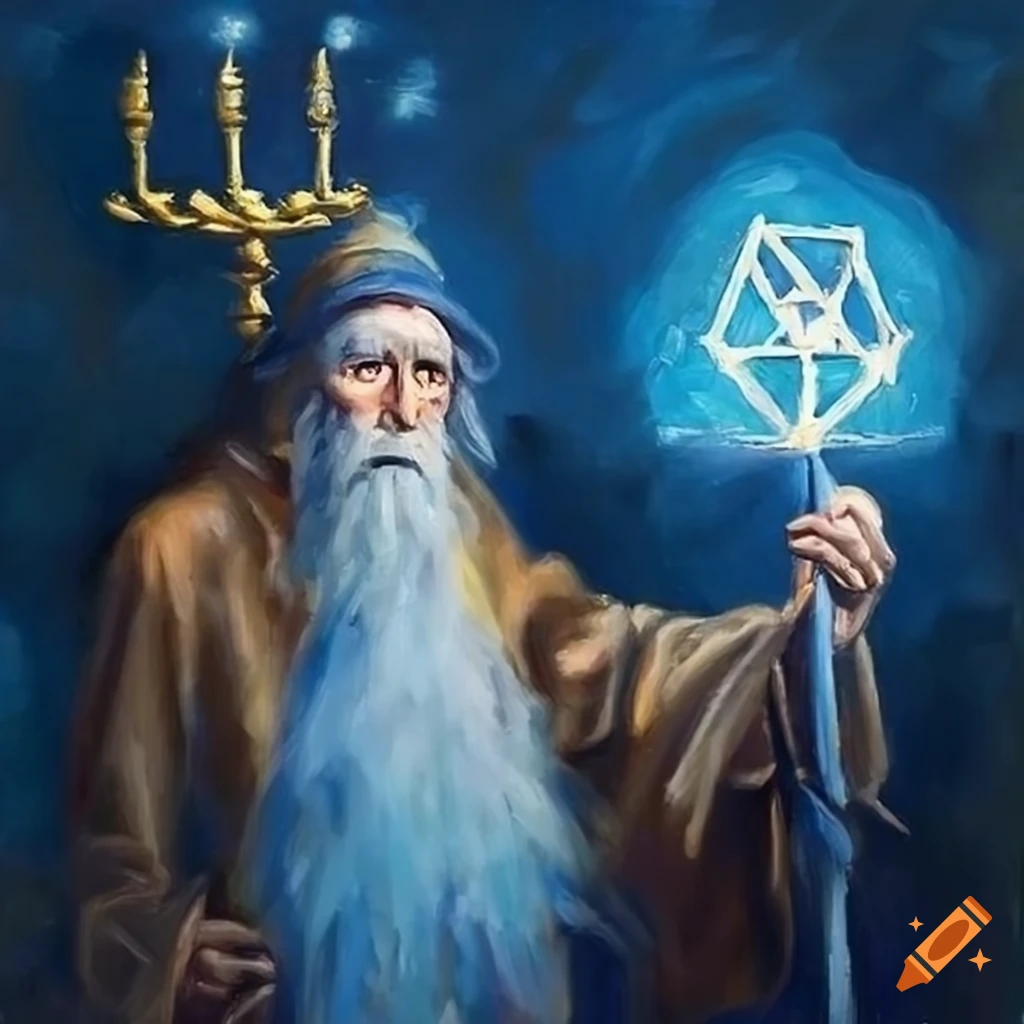 Hebrew Spells High quality jewish wizard with star of david and menorah casting a ...