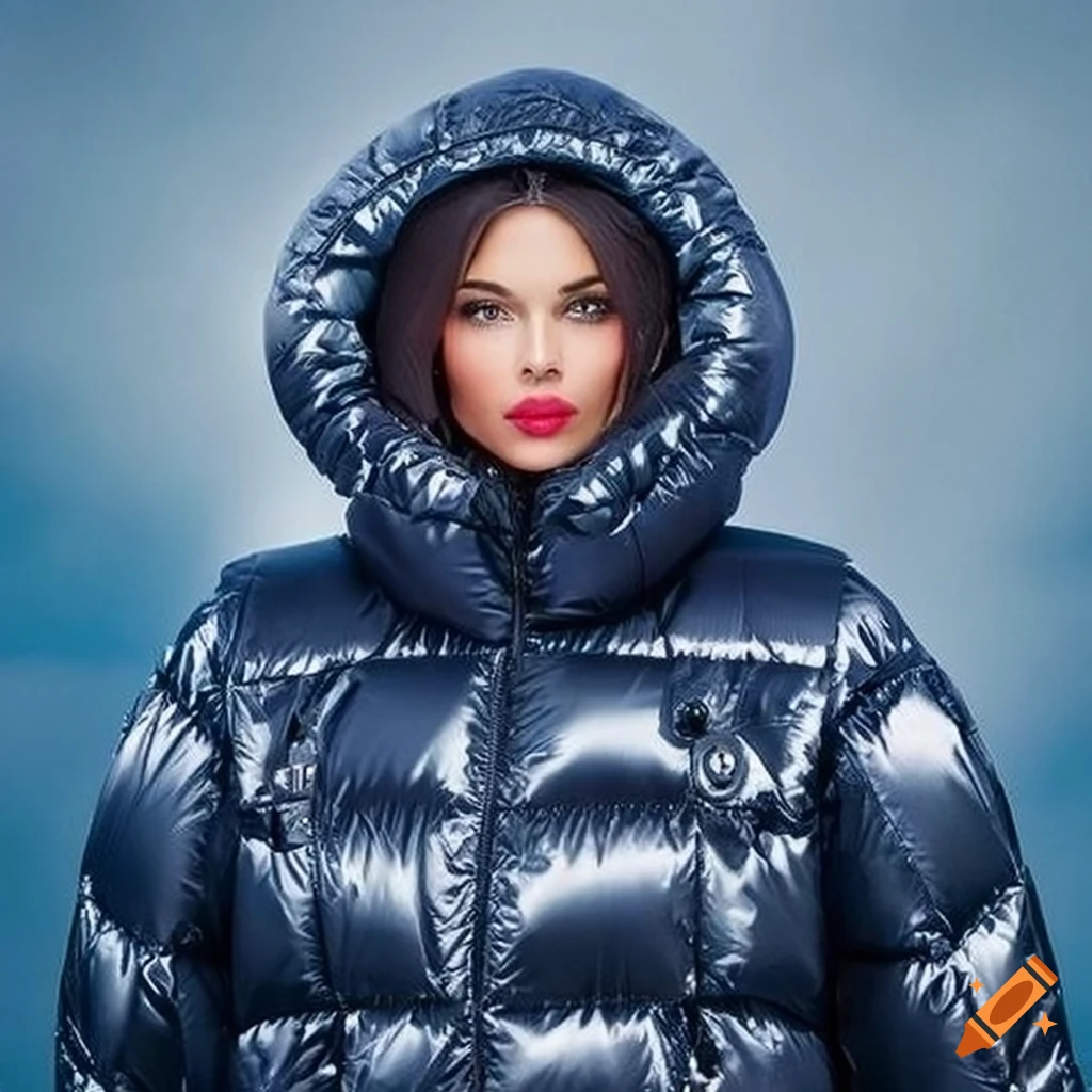 Well lit fashion portrait in a cold snowy day of a woman wearing a metallic  inflatable oversized bubble puffer jacket designed by moncler and  balenciaga, in desert sharp focus, clear, intricate, cinematic
