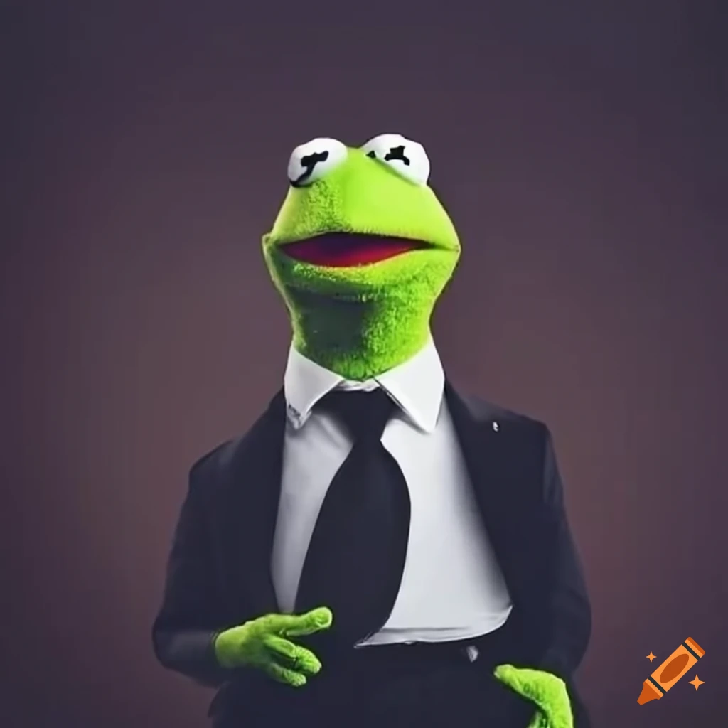 Kermit the Frog wearing a black suit, white shirt, and skinny black tie