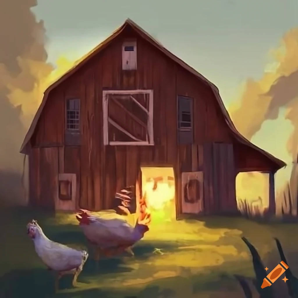 A rustic barn with a chicken perched on its roof on Craiyon