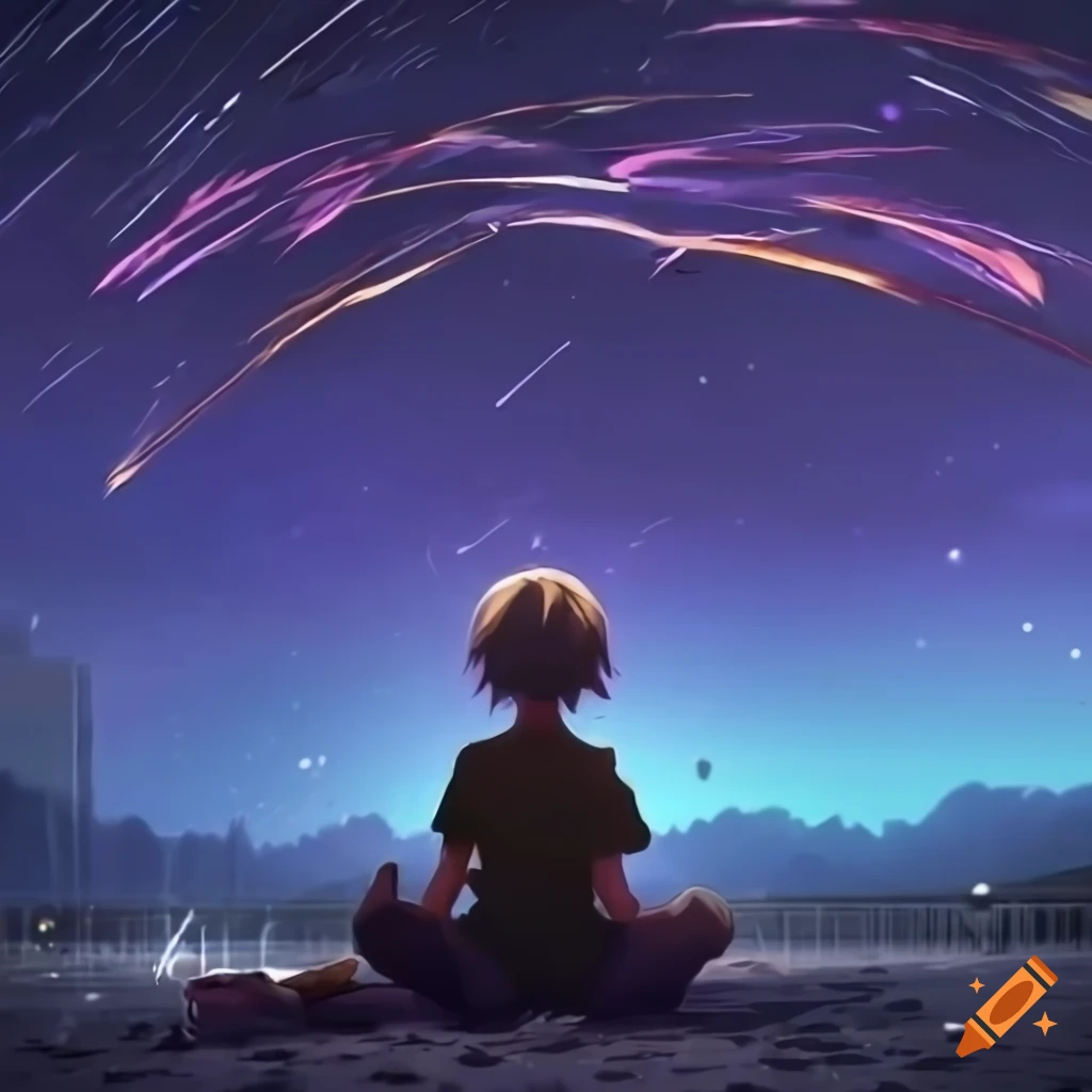Anime image, long shot, wide angle view, one lone meteor streaks through  the sky over head to crash behind the mountains leaving golden pieces in a  long trail along the ground, in
