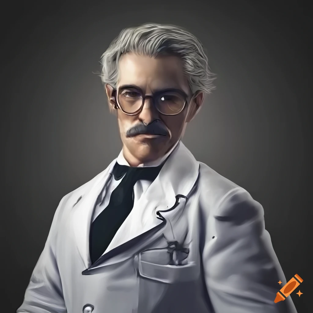 portrait style image of Dr. Victor Blackthorn: Dr. Victor Blackthorn is a middle-aged man with salt-and-pepper hair and a neatly trimmed mustache. confident posture. His intelligent eyes, framed by wire-rimmed glasses. white lab coat over his formal attire, stethoscope around his neck