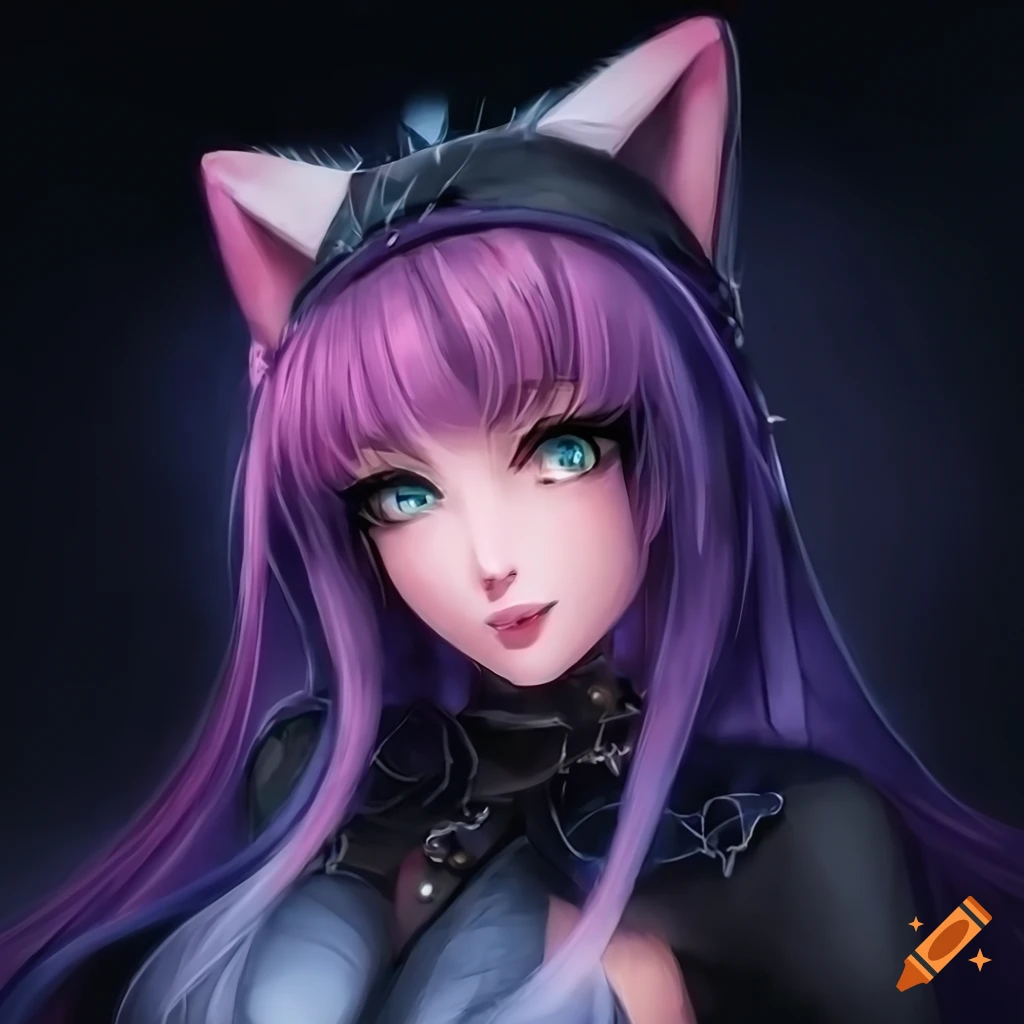 Portrait of mid body of cuttest gothic cat furry girl with blue