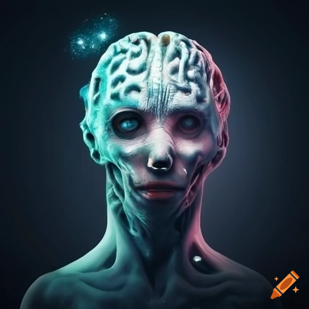 surreal depiction that includes brain texture, carnivore teeth, celestial sky, water, gastropod, stalagmites, rocks, and anthropomorphic robot