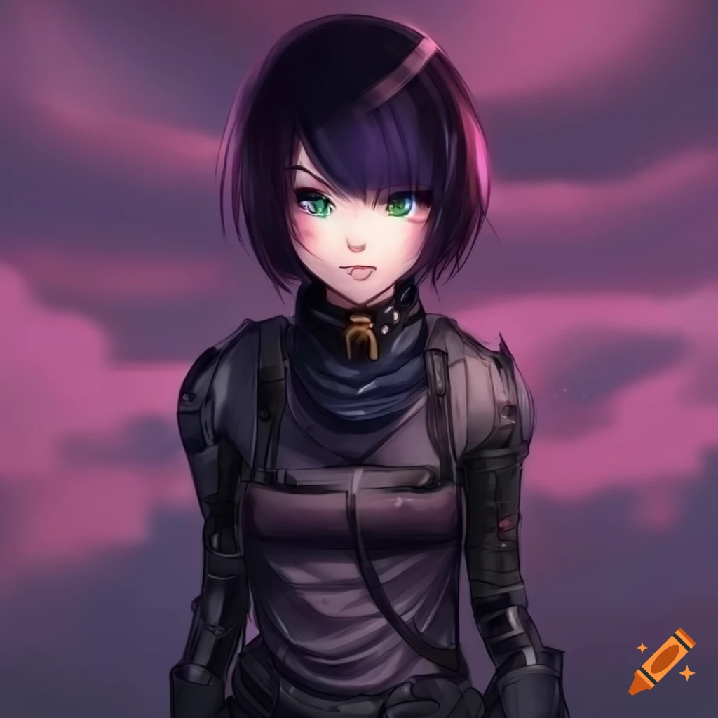 Cute sci-fi anime girl with a pixie haircut and dark hair wearing combat  boots