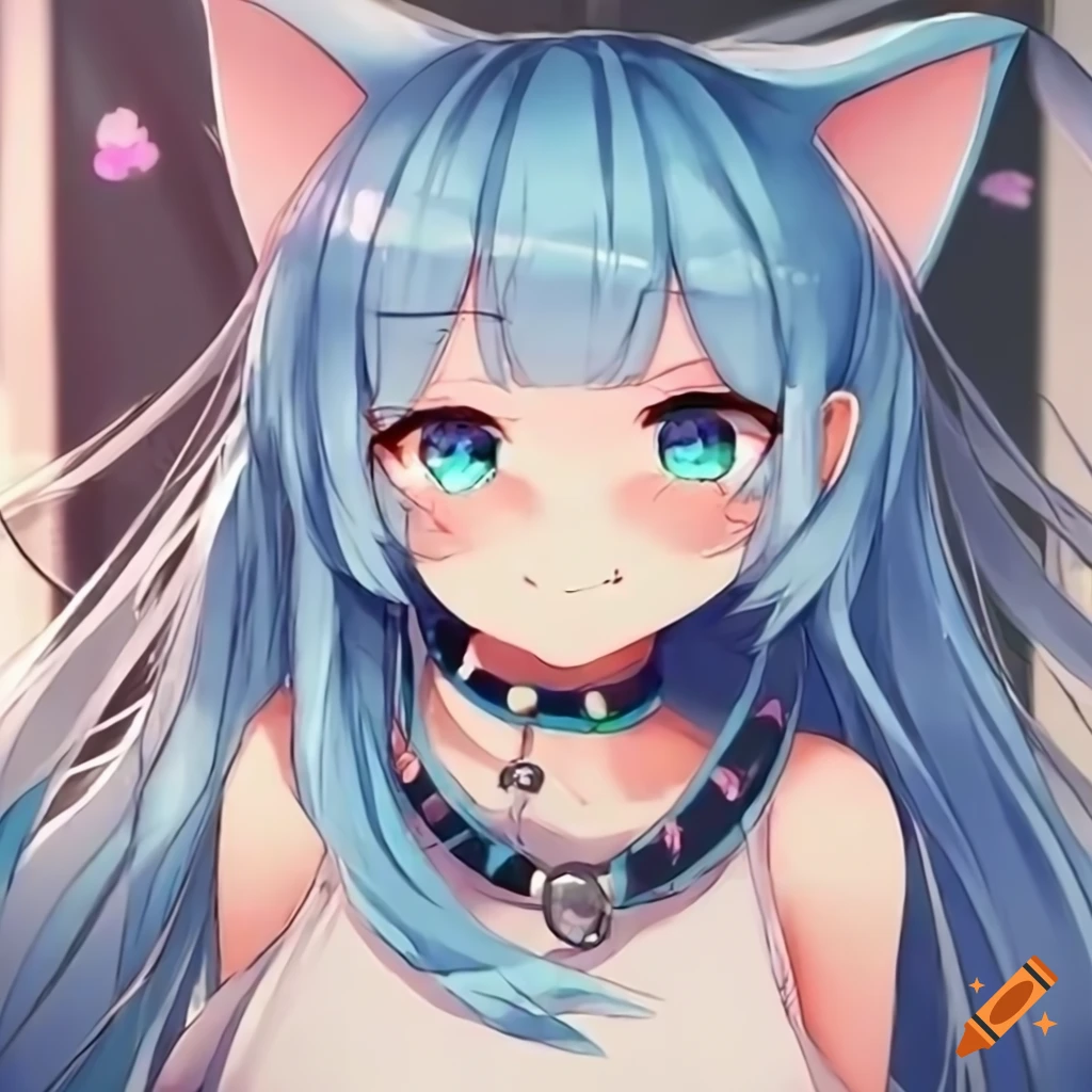 Cute anime cat girl, light blue hair, cat collar, unkempt clothing and ...