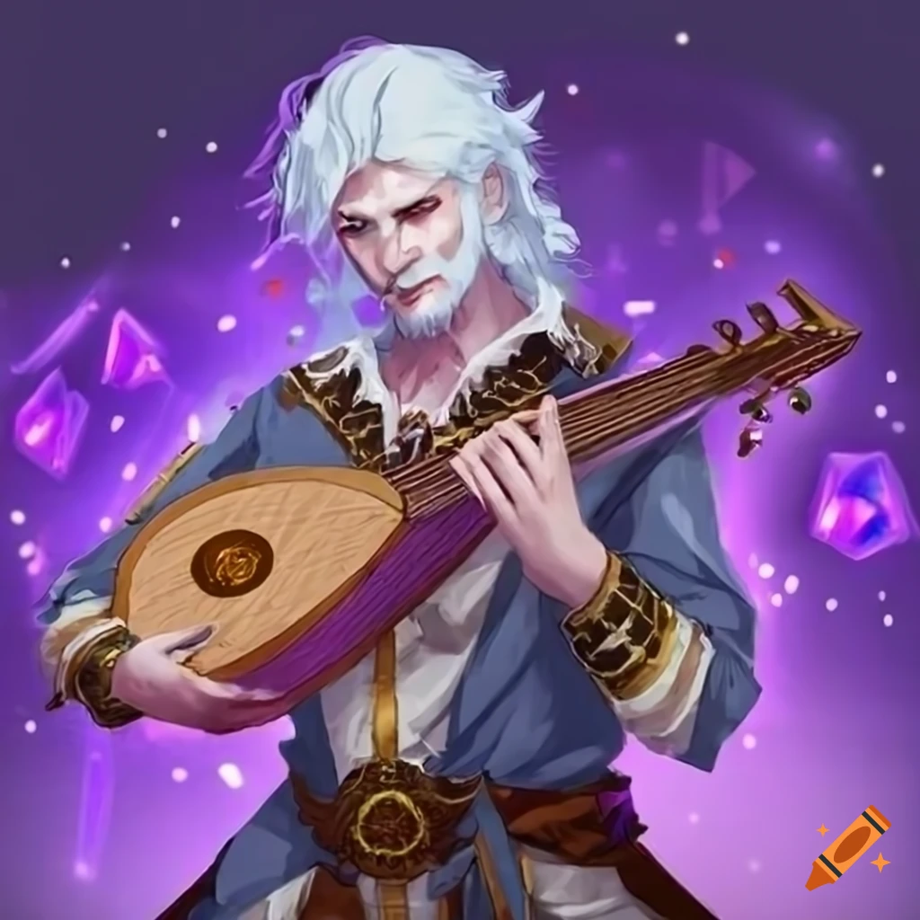 A handsome heroic magical bard with white hair and white beard