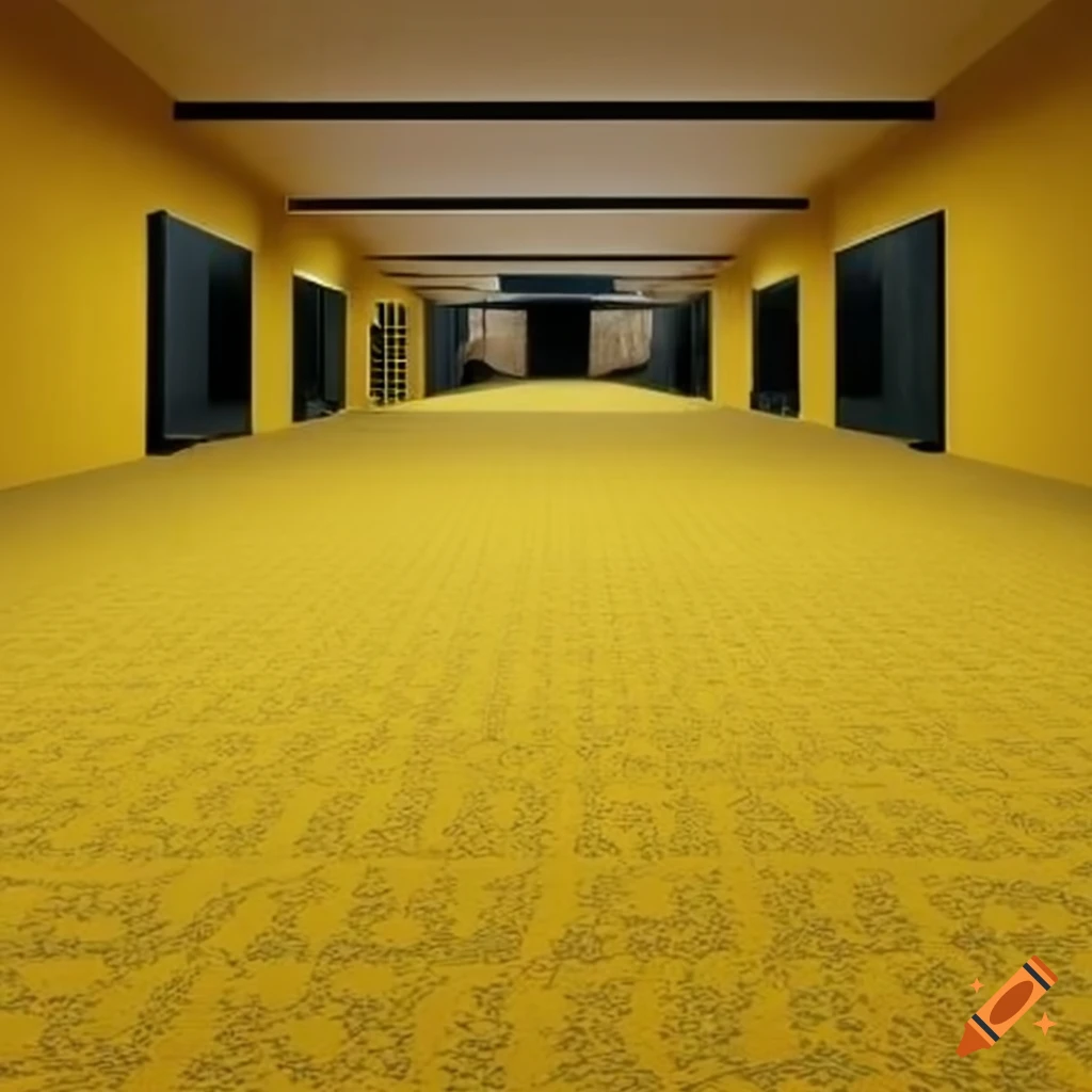 Endless scapes of yellow walls, yellow carpets, office structure