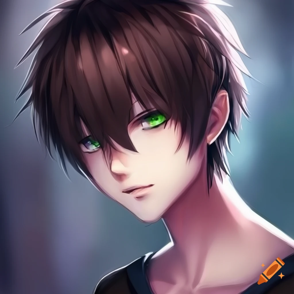 Artwork of an anime boy with dark brown hair and green eyes on Craiyon