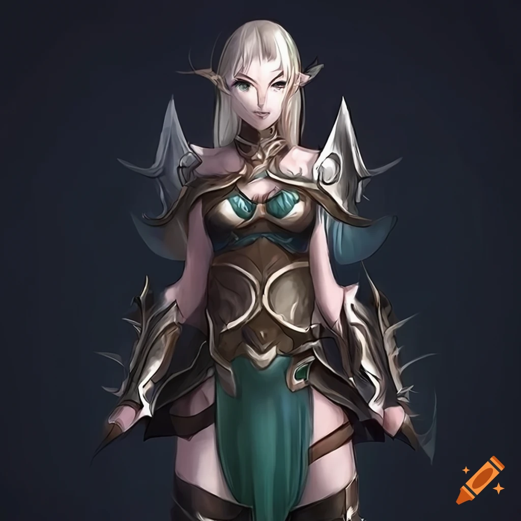 Anime elf girl warrior with cool slim armor high definition front view