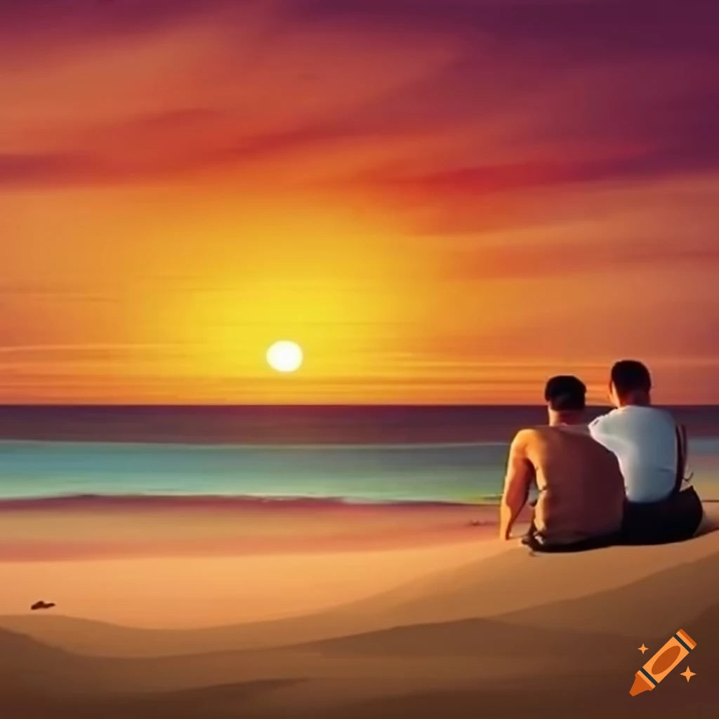 A beach scene with a sunset With two guys sitting on the sand