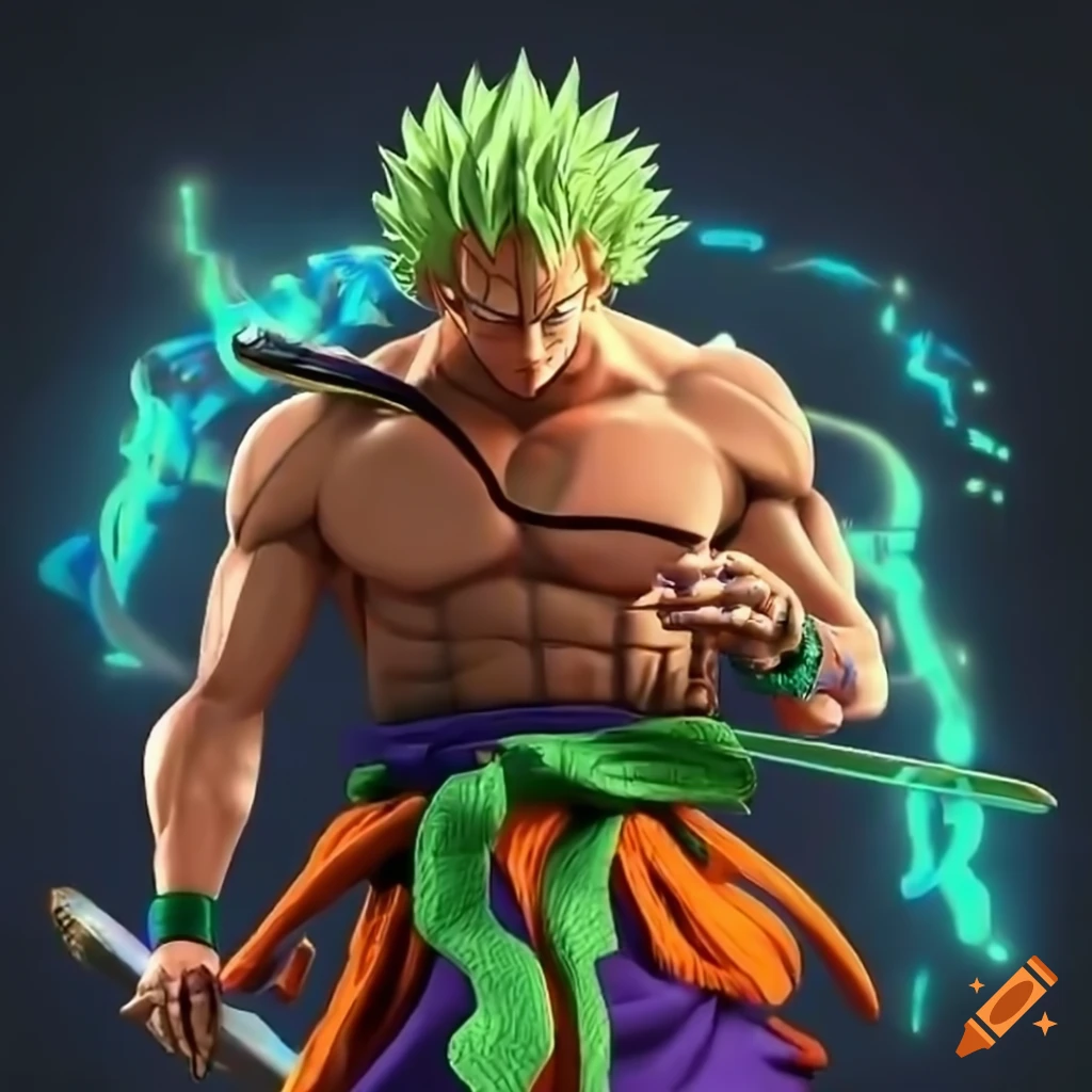 a dynamic 3D depiction of Zoro and Goku in a battle