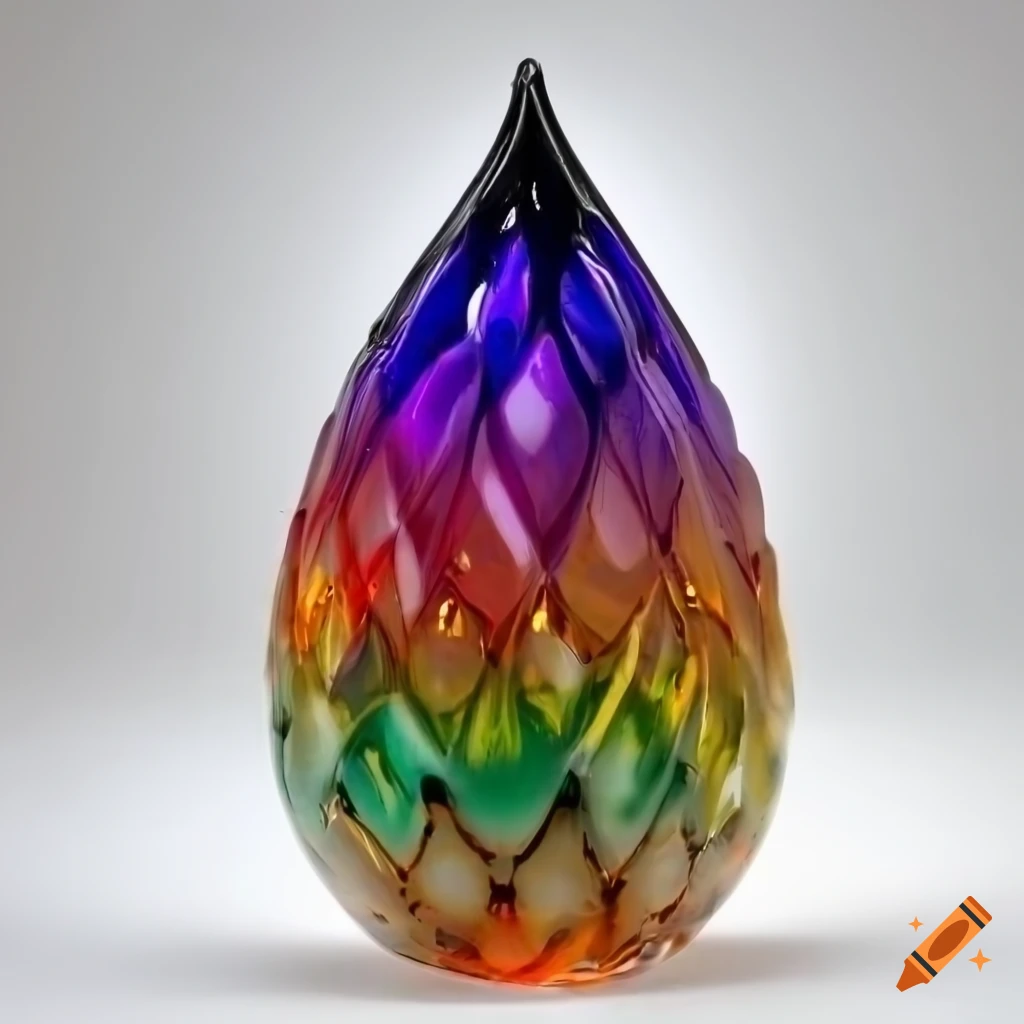 Abstract interlacing sunrise and sunset colored pine cone shaped drop  inspired glass sculpture on Craiyon