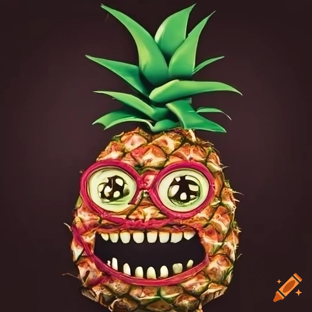 Scary cartoon pineapple with teeth and little glasses