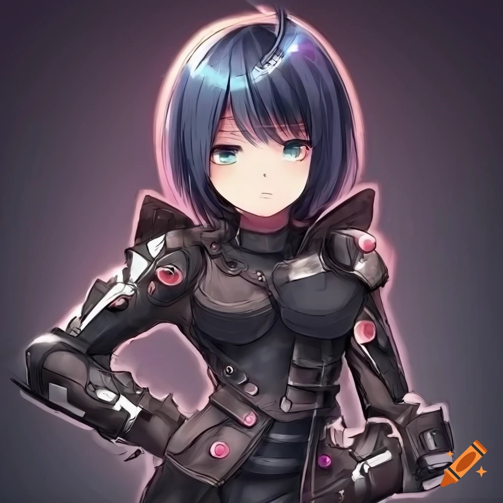 Cute sci-fi anime girl with a pixie haircut and dark hair wearing combat  boots