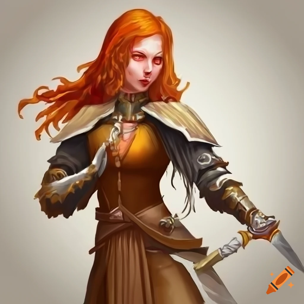 Female cleric with pale skin, freckles, orange long hair and glowing ...