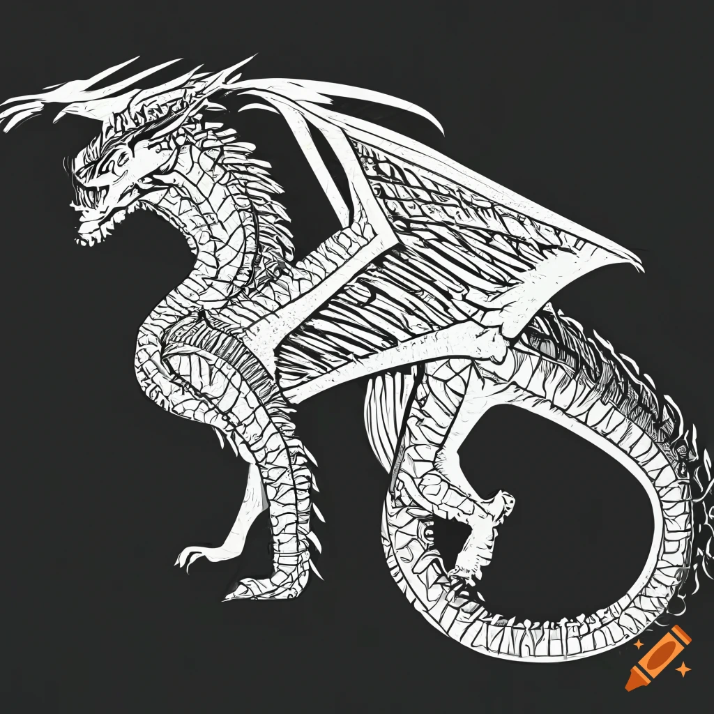 Wings of fire dragon art base, line art for coloring in, un colored  outline, white background with black dragon outline, contrasting, black and  white, vibrant, full body on Craiyon