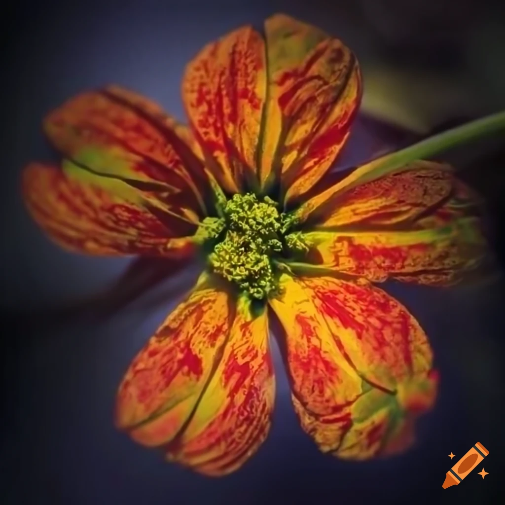 A closeup of a yellow flower with red spots. it has a long green stem