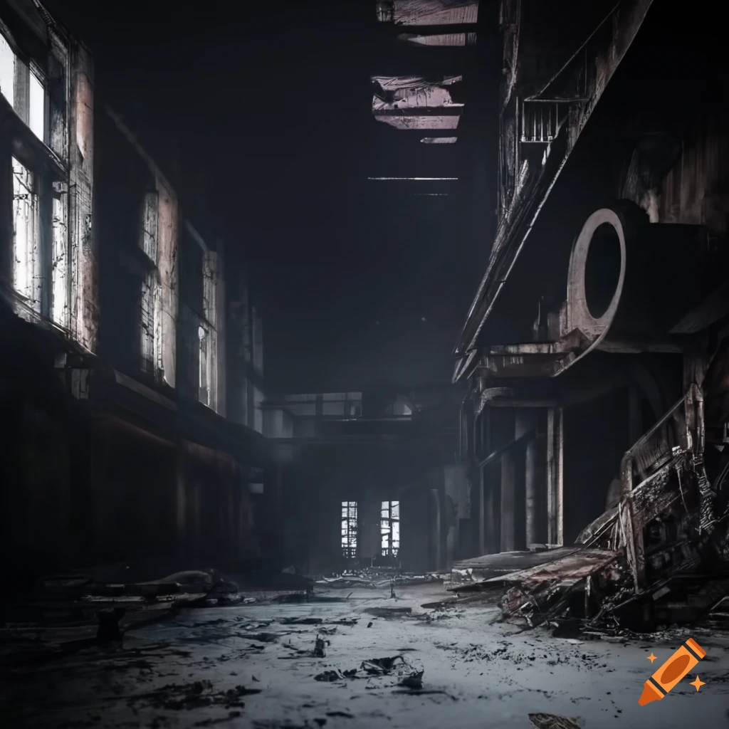 Building Rework Dark Inside dark abandoned steel works, photorealistic, light shining