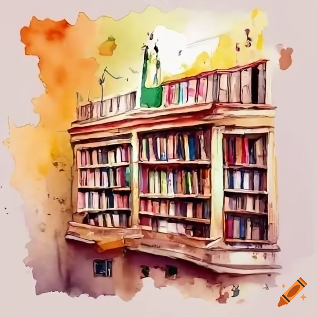 A library full of books in watercolor on Craiyon