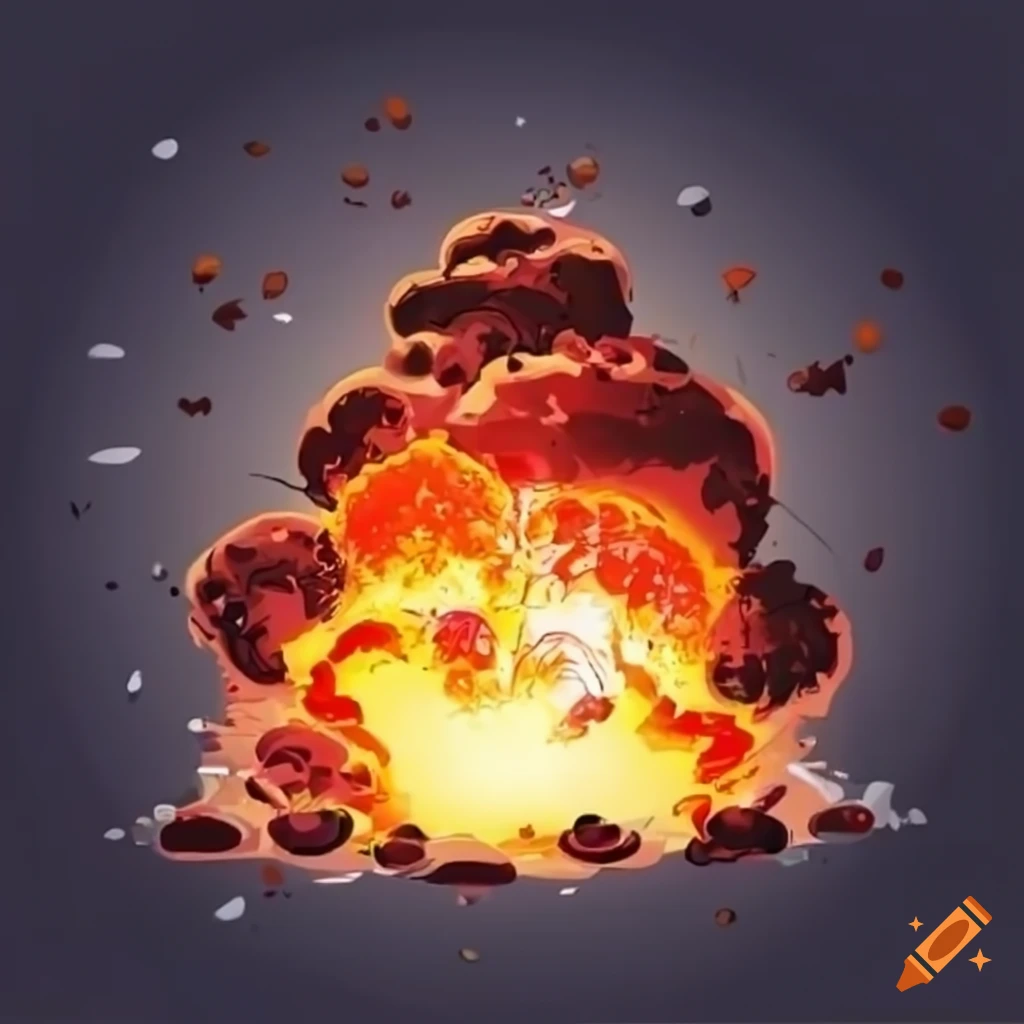 A dynamic cartoon explosion design with parts flying in all