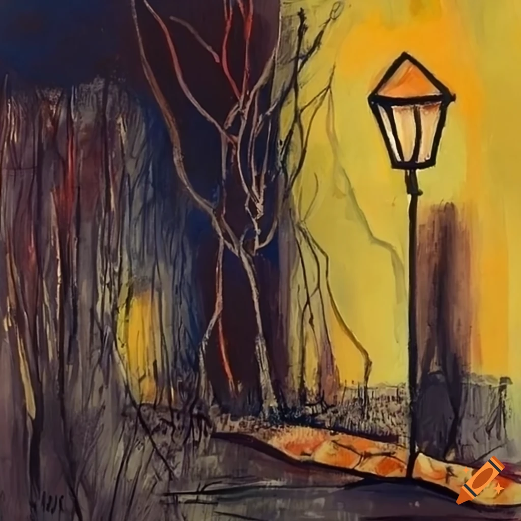 Pablo picasso styled painting of a lamppost at night in winter