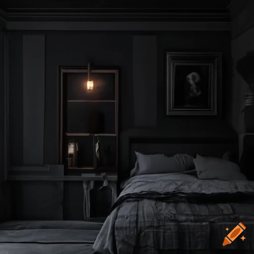 A dark and mysterious bedroom, inspired by regulus black on Craiyon