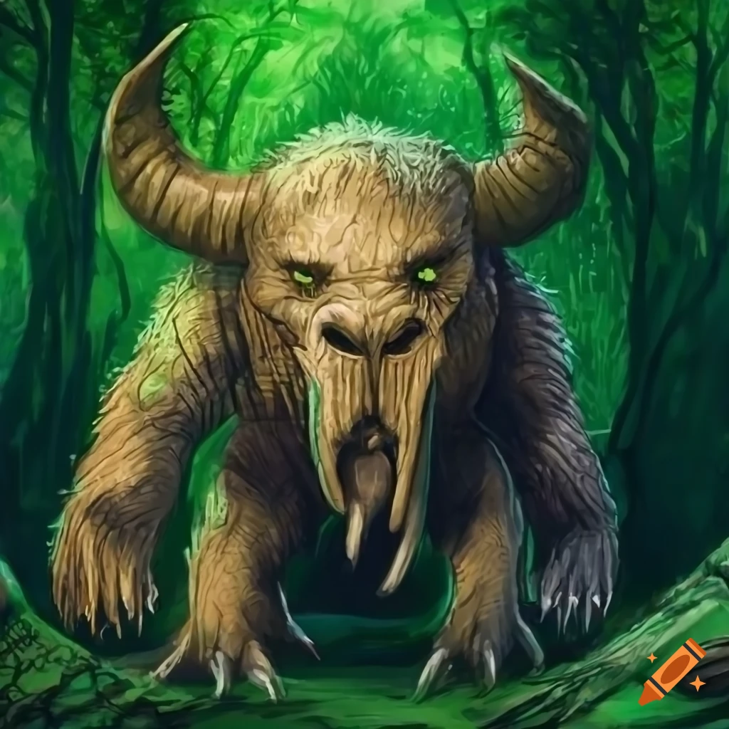 Giant beast with big tusks in style of Magic the gathering in forest