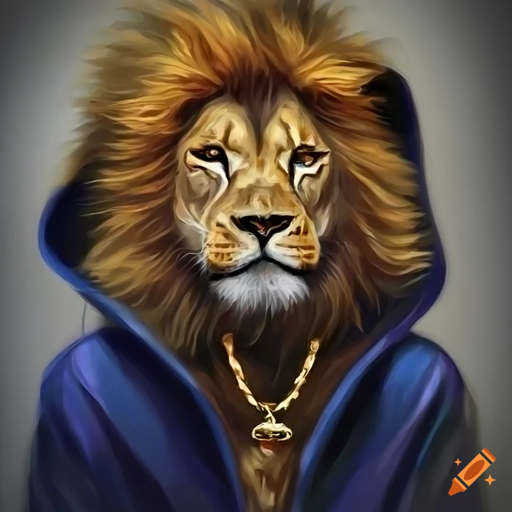 oil painting lion wearing hoodie and golden necklace, blank grey background, bust zoom, digital art