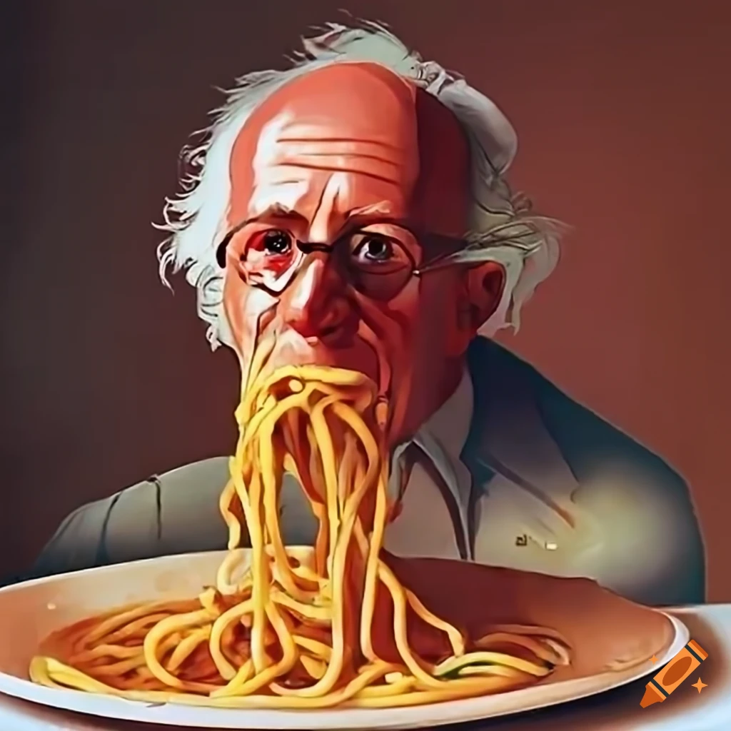 Cross eyed politician eating and munching on spaghetti, happy, happy