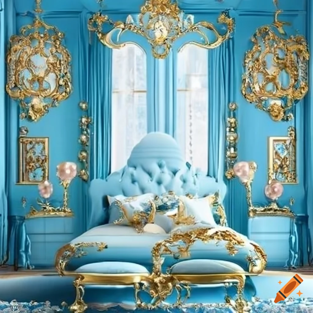 Rococo pastel blue bedroom with gold accents and pearl decor on